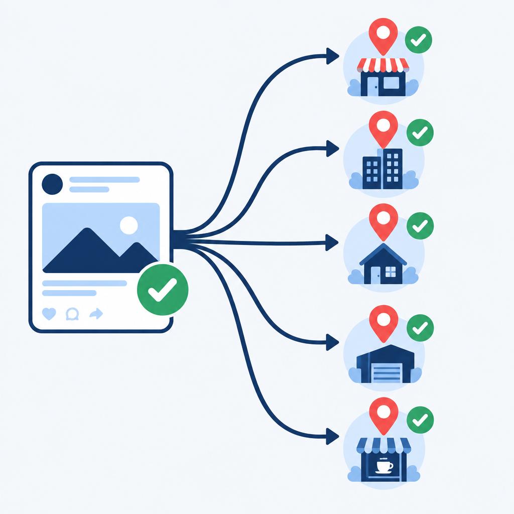 Illustration d'une publication unique validée se diffusant vers plusieurs repères de localisation accompagnés de coches, représentant la publication automatisée sur plusieurs sites.