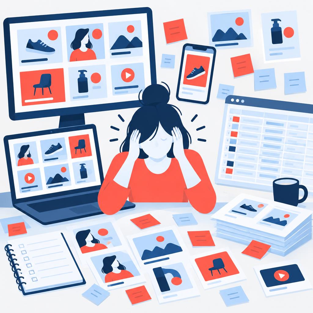 Illustration showing a stressed marketer surrounded by scattered creatives, spreadsheets and tabs representing manual testing.