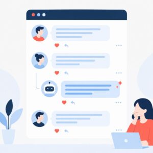 رسم توضيحي متجه ثنائي الأبعاد يُظهر نشر ردود آلية تحمل العلامة التجارية على تعليقات فيسبوك