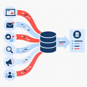 Flat vector illustration showing unified lead-source data flowing from multiple marketing channels into a single organised dashboard
