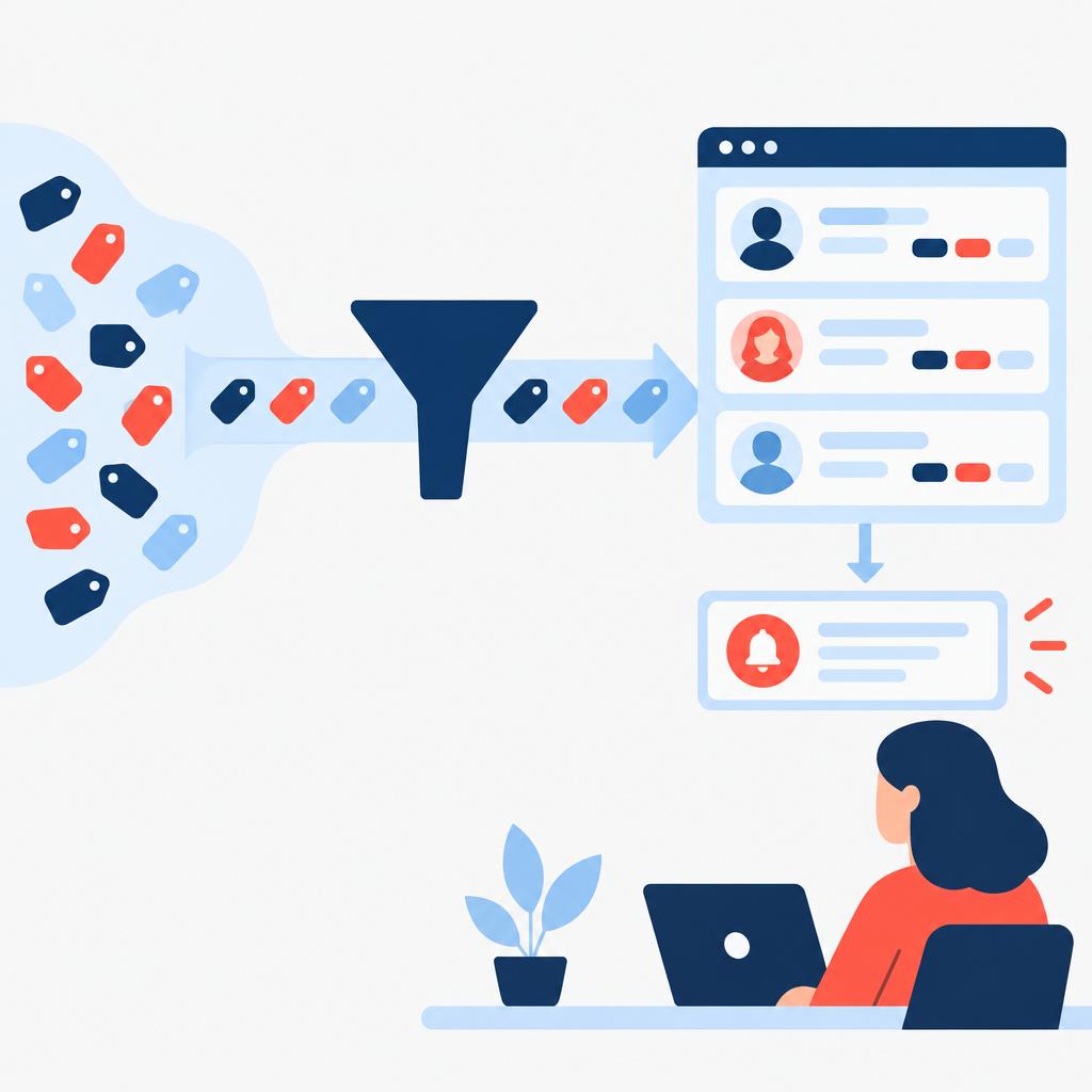 Flat vector showing a smooth pipeline of normalised source ribbons feeding organised CRM cards and a concise campaign alert representing the after state