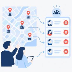Flat vector illustration showing automated lead extraction from a city map to a CRM, clean modern shapes