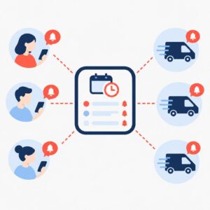 Flat vector illustration showing an automated system sending delivery time updates to customers and coordinating carriers