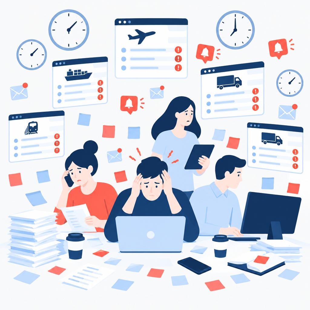 Illustration of operations team overwhelmed by multiple carrier portals and clocks representing manual ETA work