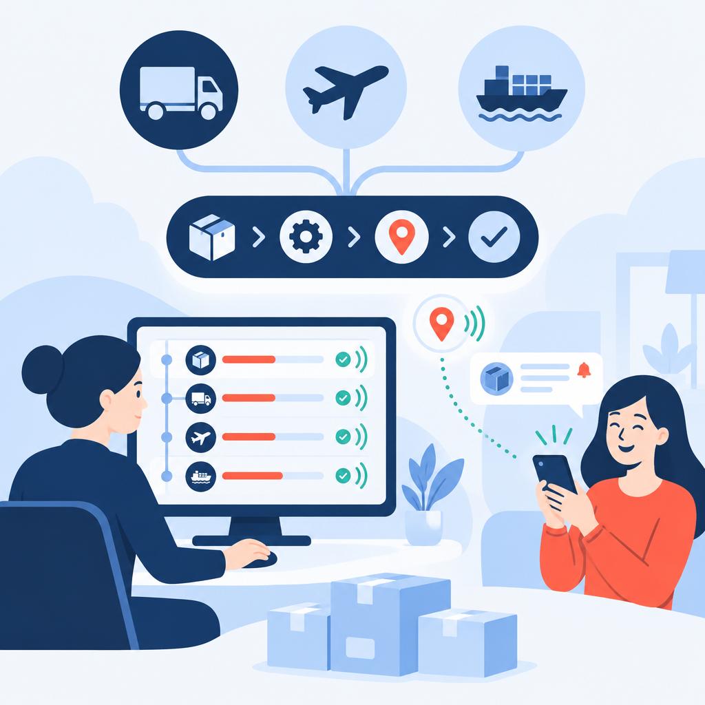 Illustration of streamlined operations with consolidated delivery workflow and a customer receiving an ETA notification