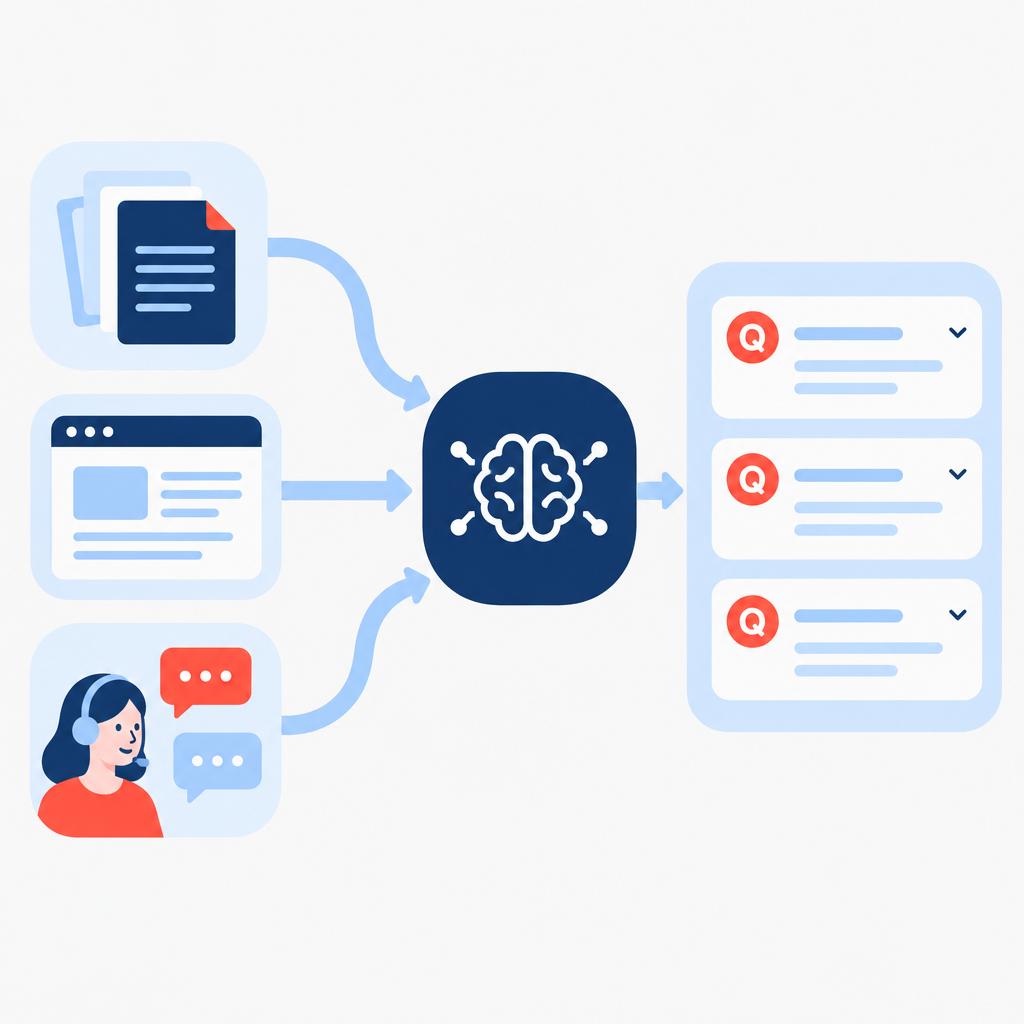 自动生成常见问题解答(FAQ)的示意图:内容来源输入到人工智能引擎中,该引擎输出结构化的常见问题解答条目,可直接发布。.