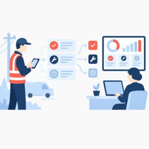 Ilustración vectorial en la que se muestra a un técnico enviando un informe de visita de campo desde un dispositivo móvil, con fichas de resumen que se envían automáticamente a los equipos de la oficina.