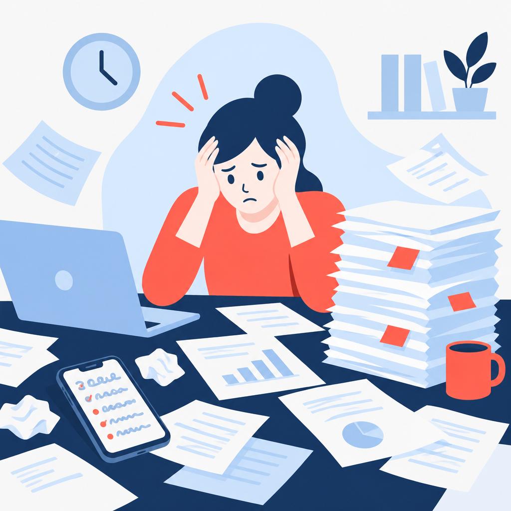 Vector illustration of the 'before' challenge: scattered technician reports and an overwhelmed office worker.