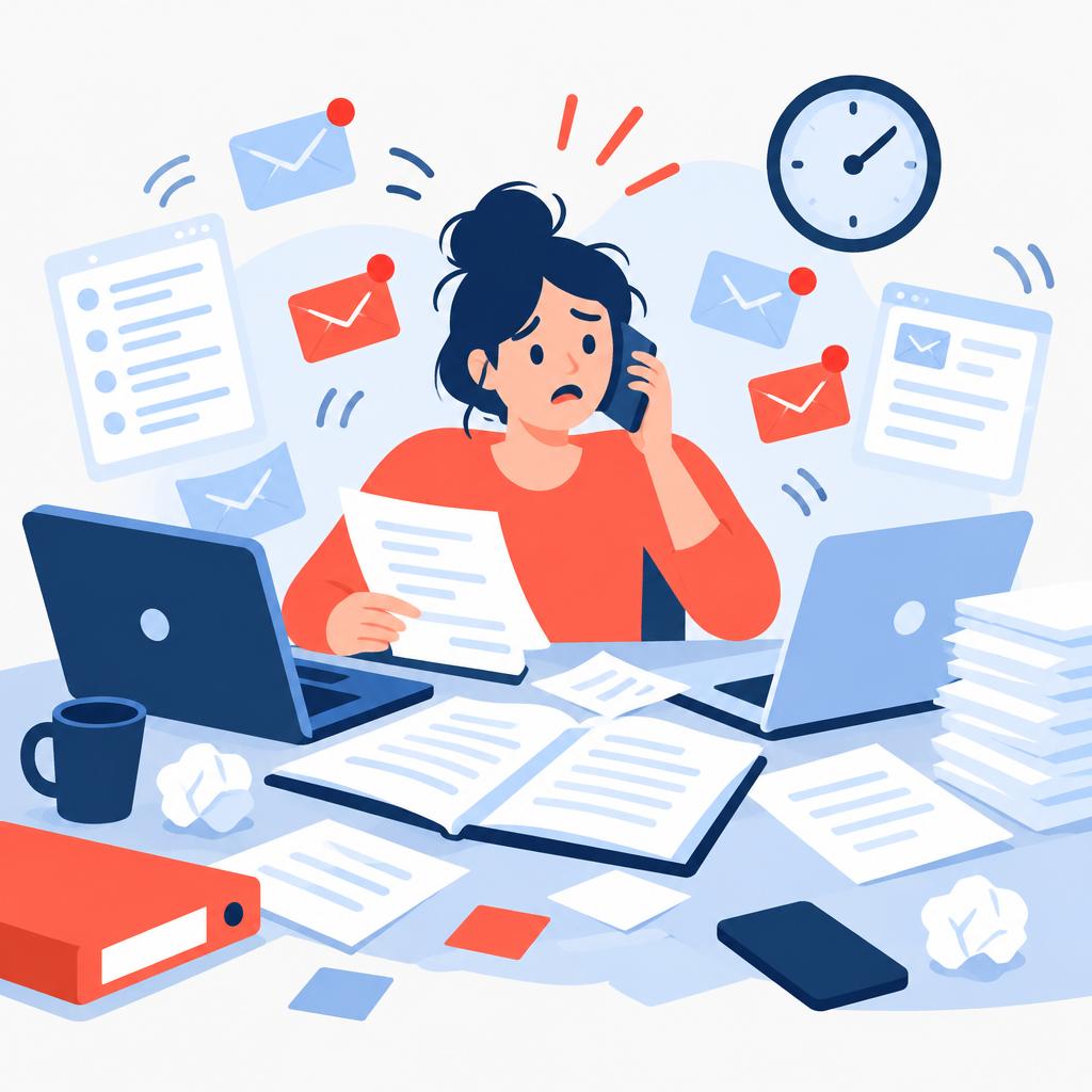 Flat vector illustration of a person surrounded by disorganized documents and messages representing the before automation challenge