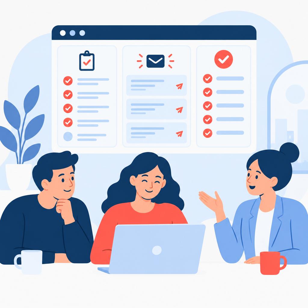 Flat vector illustration of a calm team using a simplified dashboard and automated drafts representing the after automation result