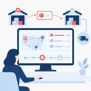 Vector illustration showing automated fulfilment monitoring with warehouse icons, clock and reassigned shipping route.