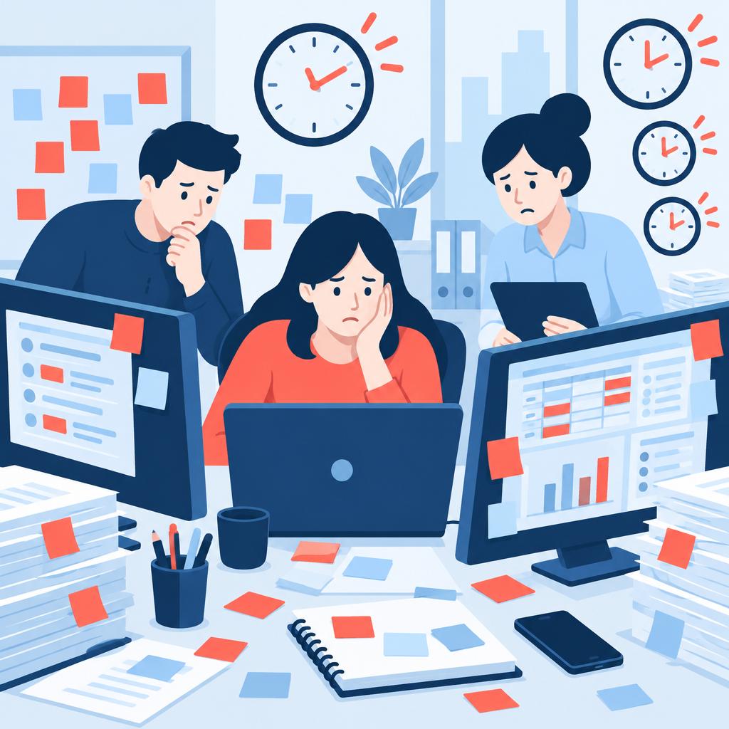 Vector illustration of a stressed operations desk with multiple clocks and screens showing fragmented order data.