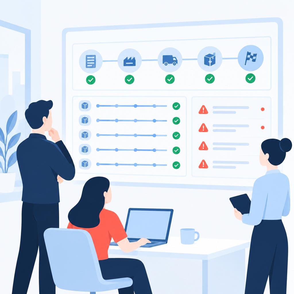 Vector illustration of a calm operations dashboard showing clear on-time indicators and a short exceptions list.