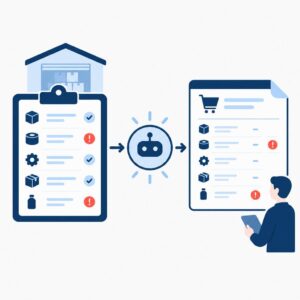 Ilustración vectorial en la que se muestra cómo un albarán de almacén se asocia automáticamente a una orden de compra con indicadores de excepción