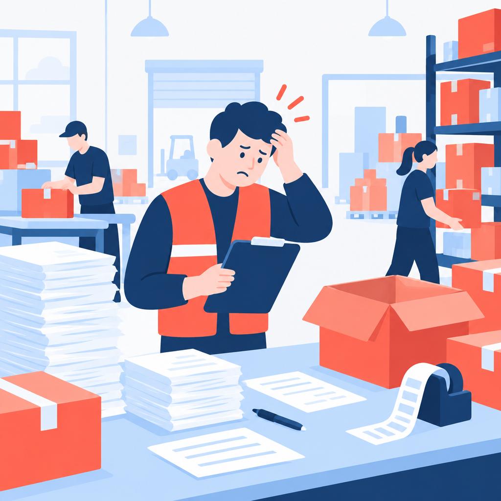 Vector illustration of a busy warehouse worker with paperwork and boxes showing manual receipt processing