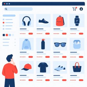 Ilustracja przedstawiająca zautomatyzowany system generujący spójne opisy produktów zgodne z wizerunkiem marki dla sklepu internetowego