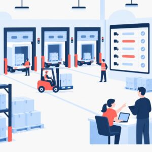 Ilustración vectorial de un muelle de recepción de un almacén con citas programadas y alertas