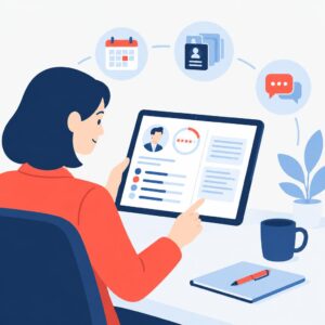 Flat-vector illustration showing a hiring manager receiving a concise AI-generated candidate brief and scorecard on screen.