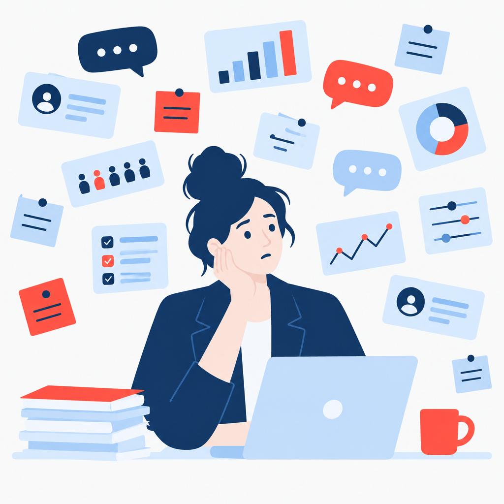 Illustration of a recruiter overwhelmed by scattered interviewer notes and inconsistent scores.