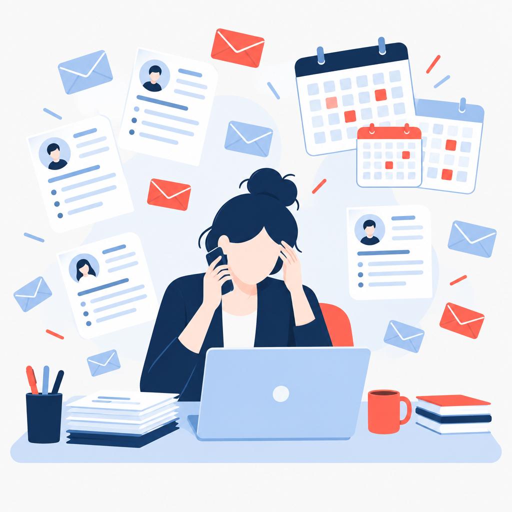 Vector illustration of a recruiter overwhelmed by CVs, emails and calendar conflicts before automation