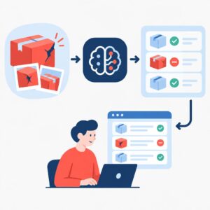 Abstract flat-vector illustration showing automated triage of damaged inventory with photos, rules and system updates.