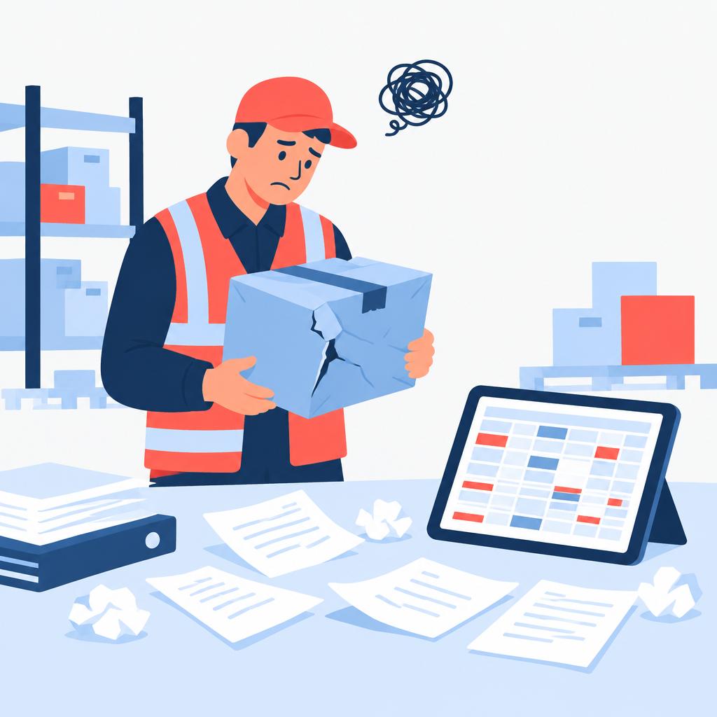 Flat-vector image of a warehouse worker with a damaged package and scattered paperwork representing the manual returns problem.