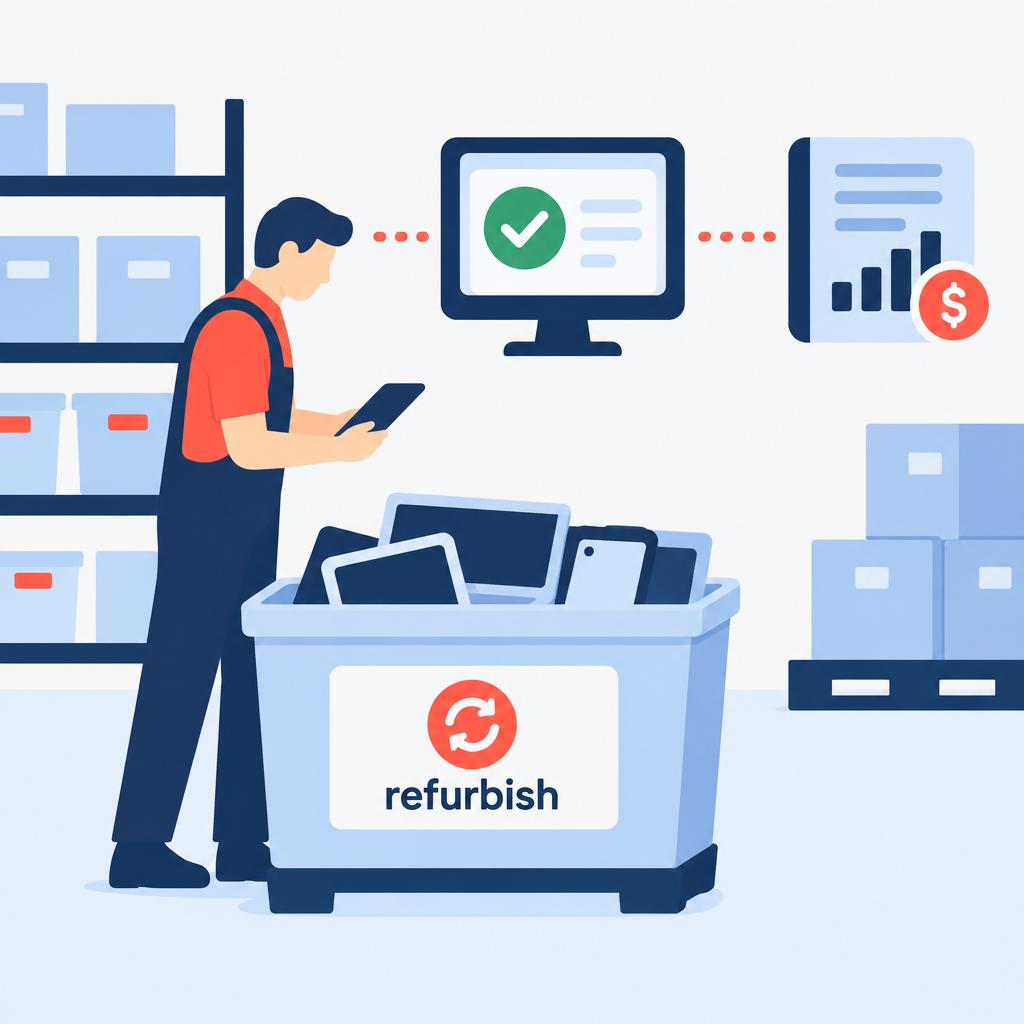 Flat-vector image of an organised post-automation warehouse area showing clear disposition bins and synchronized system status.