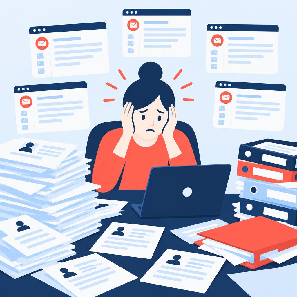 Flat-vector illustration of an overwhelmed HR desk with piles of paper CVs and disorganized folders.