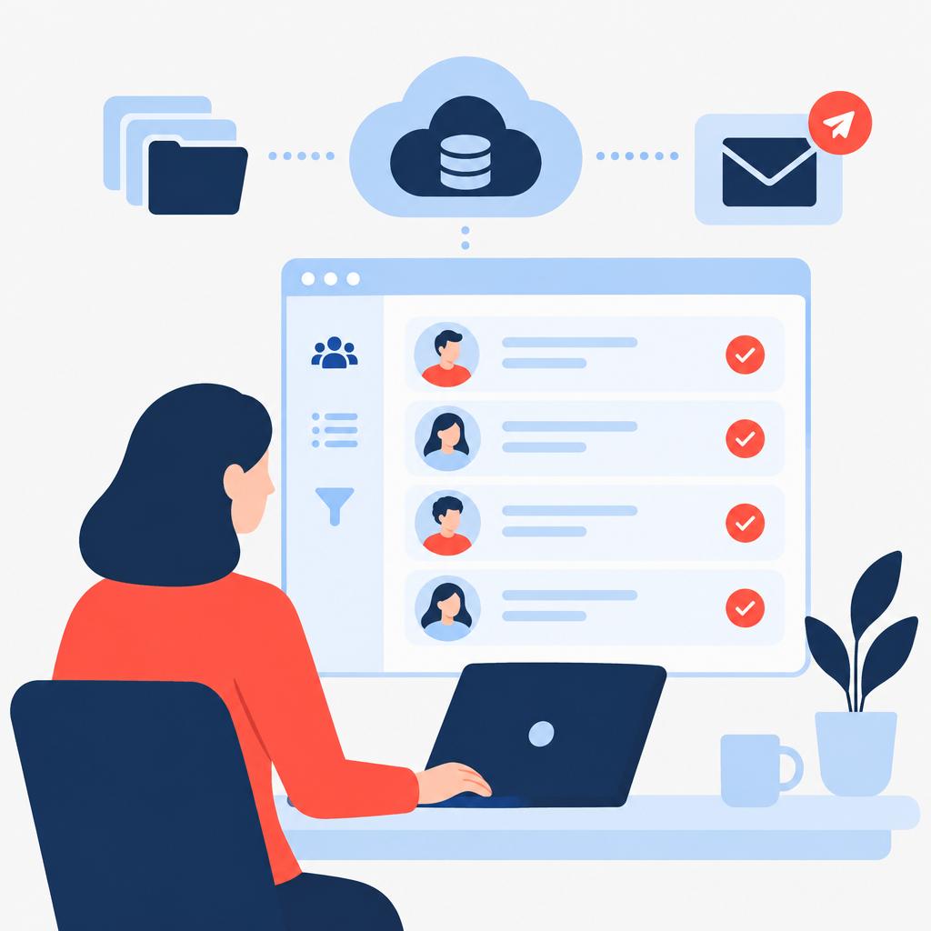 Flat-vector illustration of an HR user viewing a tidy candidate dashboard and cloud folders after automation.