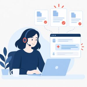 Ilustración vectorial plana en la que se muestra a un agente de atención al cliente recibiendo respuestas sugeridas por IA y artículos de ayuda actualizados, con iconos claros que representan el chat y la base de conocimientos.