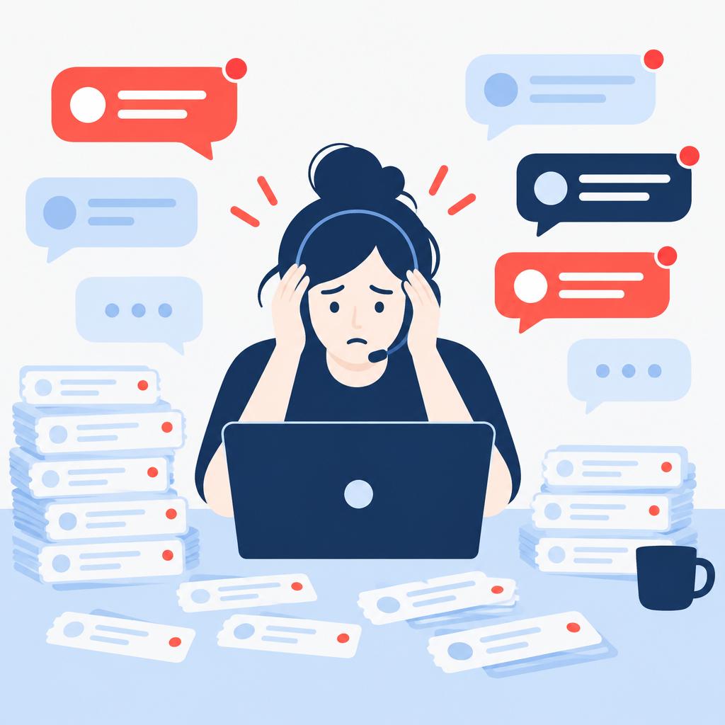Imagen vectorial plana de un agente de atención al cliente desbordado, rodeado de bocadillos de chat y un montón de tickets, que ilustra la situación inicial.