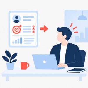 Illustration vectorielle de style « flat » représentant un commercial recevant un rapport concis sur les prospects, enrichi par l'IA, comprenant des fiches de données simplifiées et une action claire à entreprendre.