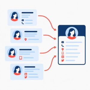 Flat-vector illustration showing connected customer records merging into a single canonical contact, symbolic shapes and arrows.