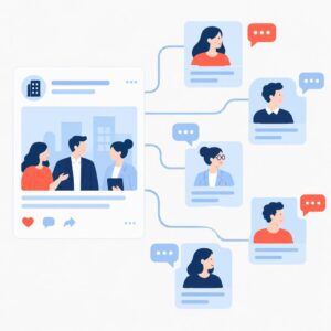 رسم توضيحي يوضح عملية المشاركة التلقائية من صفحة الشركة على LinkedIn إلى عدة ملفات شخصية للموظفين مع تعليقات مخصصة.