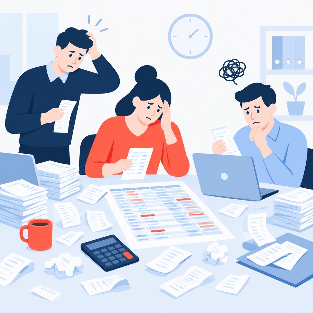 Flat vector illustration of manual spreadsheets and receipts representing the pre-automation loyalty challenge