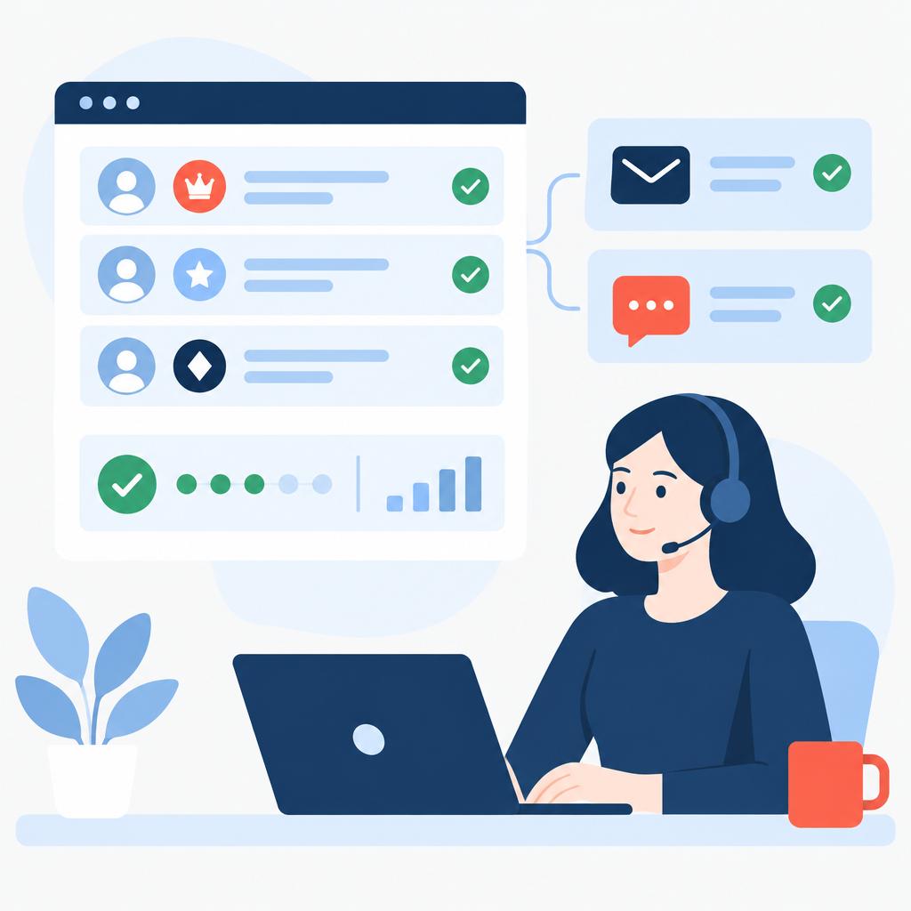 Flat vector illustration of an organised operations dashboard showing automated tier updates and outgoing rewards