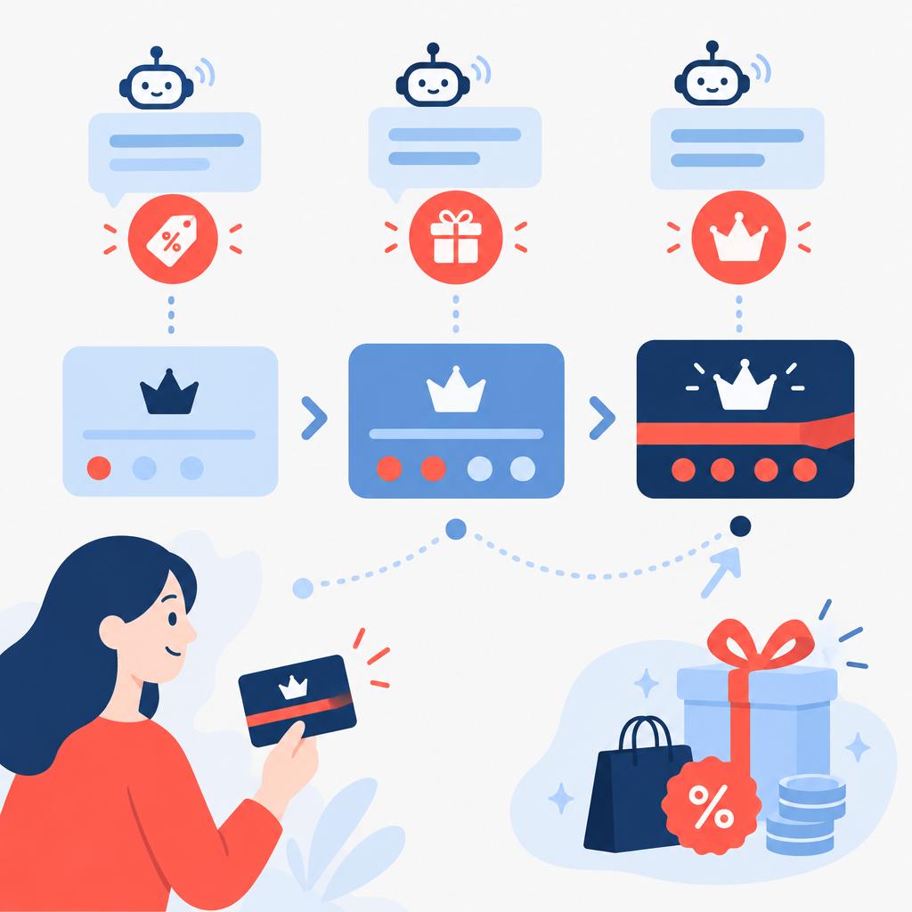 Flat vector illustration showing a customer loyalty card evolving through tiers with automated reward messages