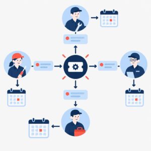 Ilustración de estilo «flat-vector» que muestra el envío automático de incidencias de mantenimiento a los técnicos, con iconos sencillos que representan sensores, correo electrónico y calendario.