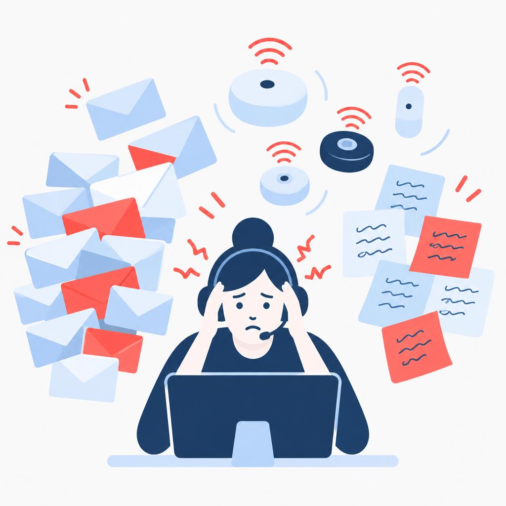 Flat-vector illustration of chaotic maintenance intake across email, sensors and notes with a stressed dispatcher.