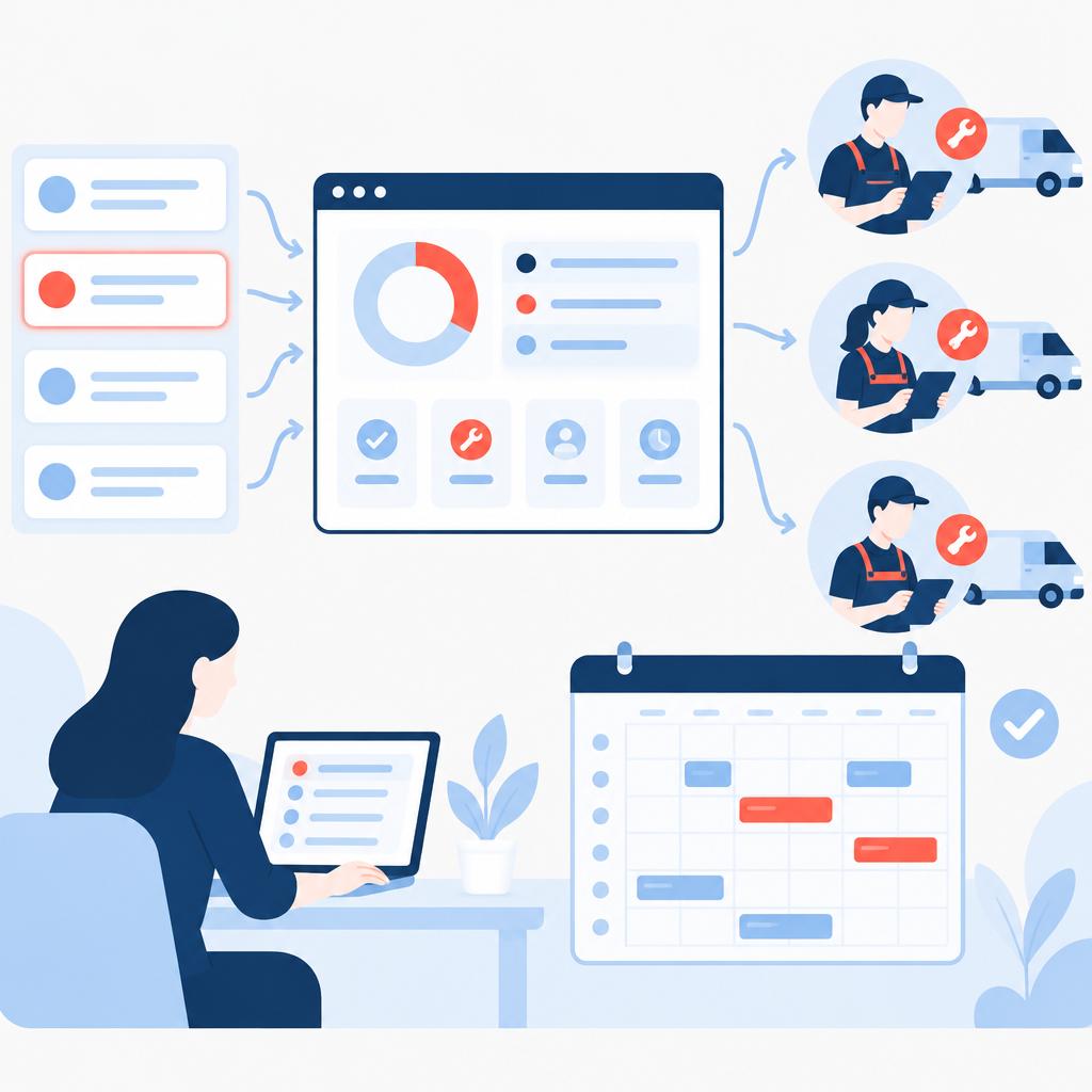 Flat-vector illustration of organised work cards being assigned to technicians with a visible calendar and calm dashboard.
