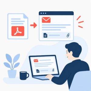 Illustration montrant un fichier PDF se transformant en un brouillon d'e-mail soigné, accompagné d'un document en pièce jointe, et un commercial en train de le relire