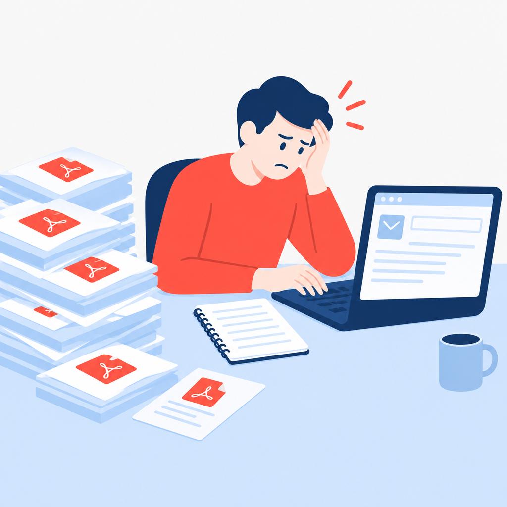 Illustration of a person manually copying data from paper PDFs into an email client, showing the 'before' manual challenge