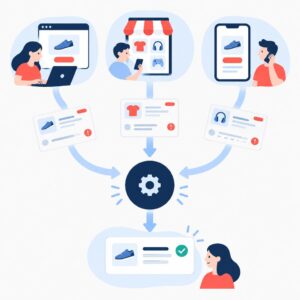 Flat vector illustration showing clean, validated order records flowing from multiple sales channels into a central hub