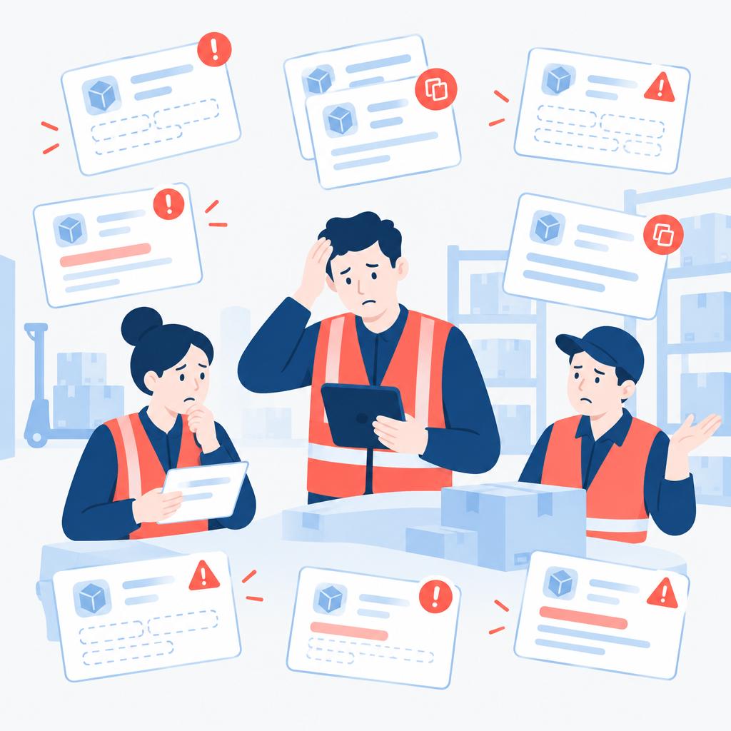 Illustration of scattered, inconsistent order cards and a frustrated fulfilment worker representing the pre-automation challenge