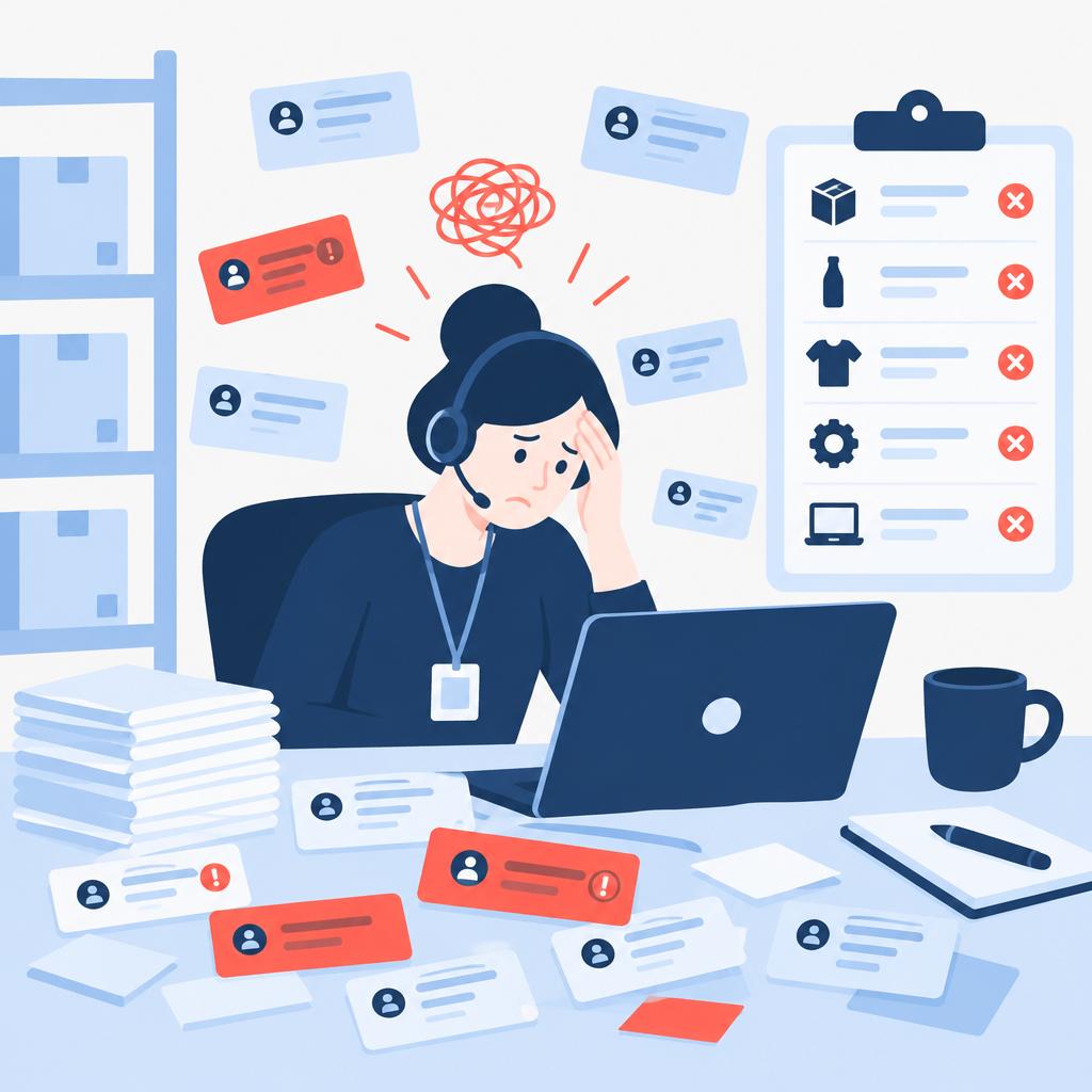 Illustration of a frustrated agent handling multiple out‑of‑stock tickets before automation