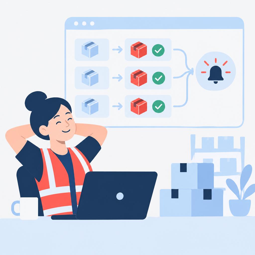 Illustration of a calm operations dashboard showing automated substitutes and fulfilled orders after automation