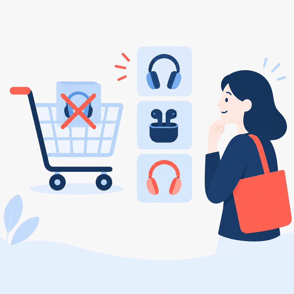 Flat vector illustration showing a shopper being offered alternative products when an item is out of stock