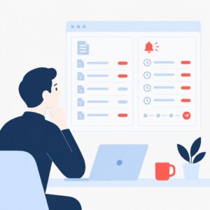 Illustration showing automated invoice reminders: a dashboard, outgoing messages and a business owner relieved from manual follow-up.