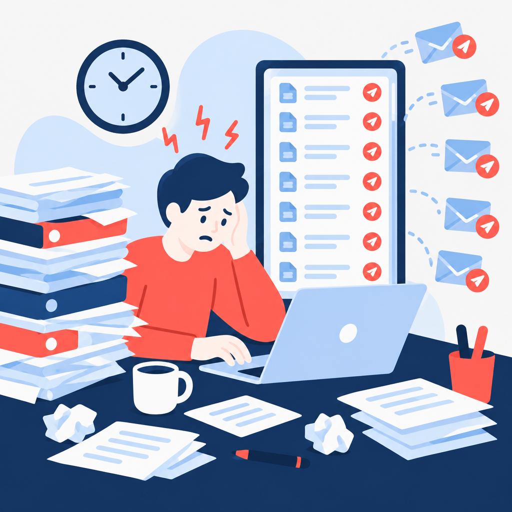 Illustration of a stressed worker surrounded by unread invoices and manual reminders.