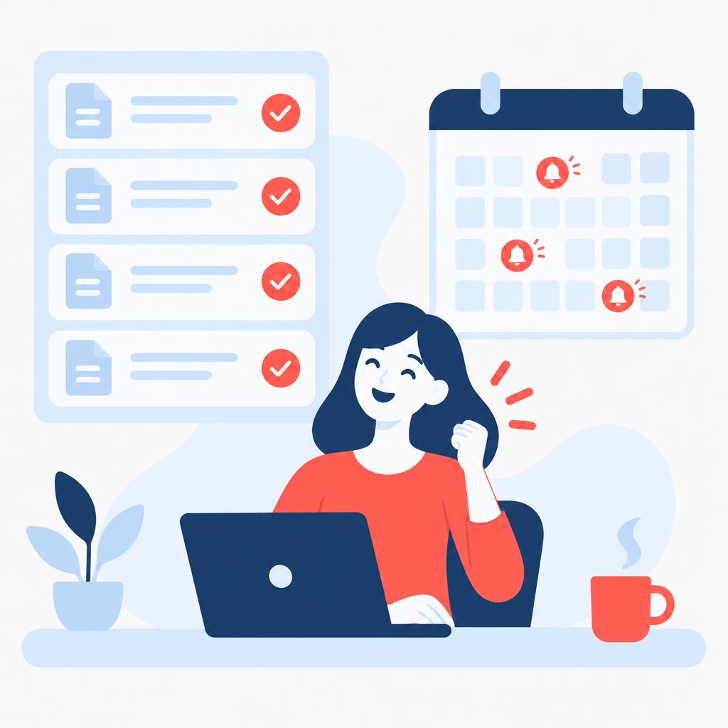 Illustration of an organized dashboard and a team member relaxed after automation reduced overdue invoices.